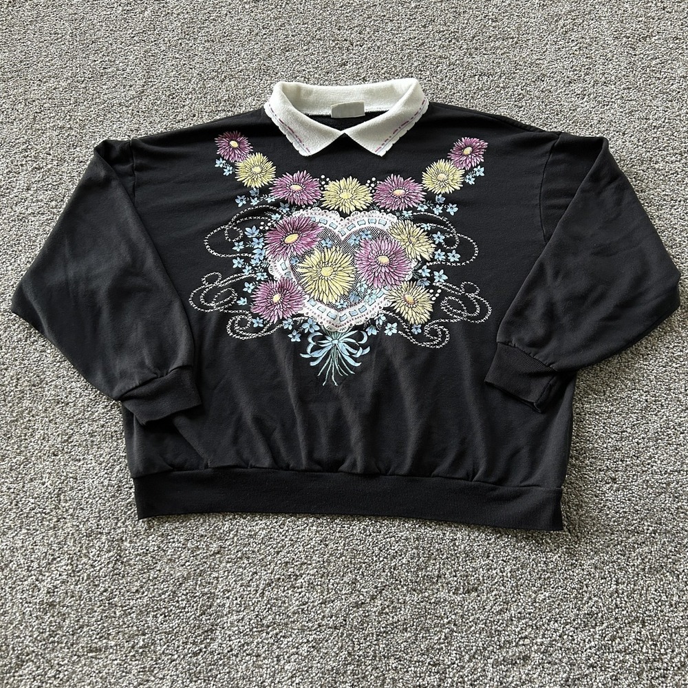 Basic Editions Sweatshirt Womens Large Black Collared Floral Heart Graphic